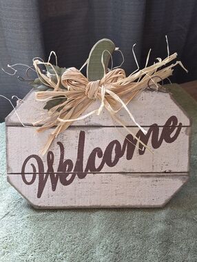 Rustic White "Welcome" Wooden Home Accent Sign with Raffia Bow